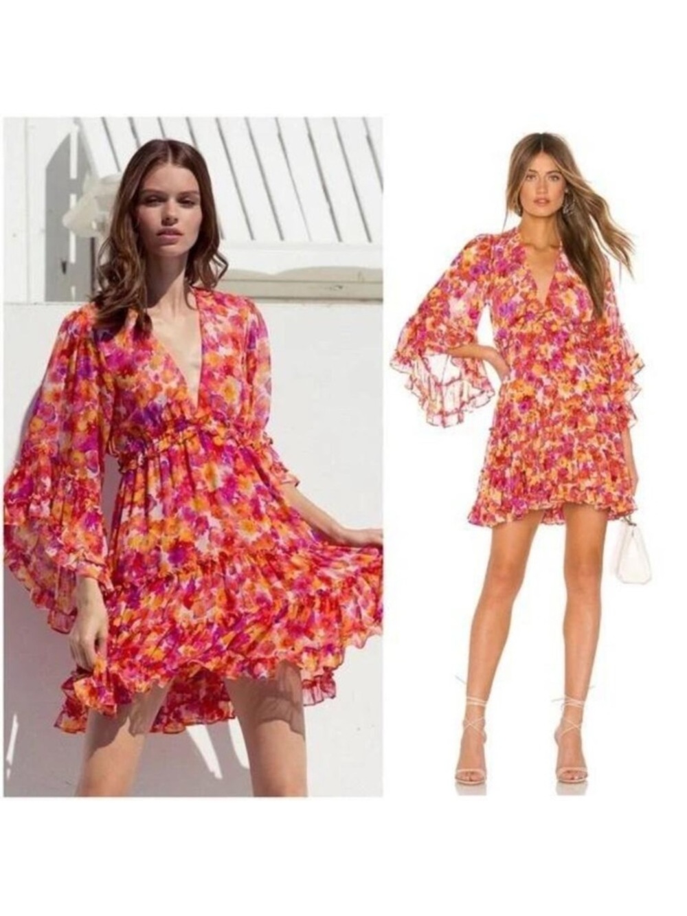 Misa Los Angeles Pink & Orange Floral V-Neck Ruffle Mini Dress